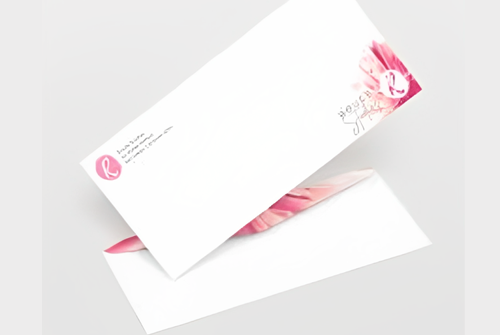 Classic White business envelope with red Corner designs and logo on top left.